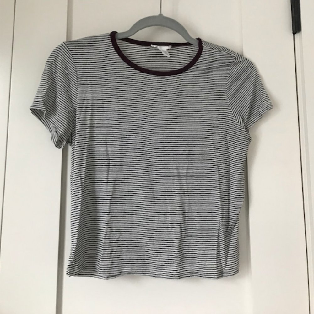Black and White Striped Shirt with Burgundy Lining